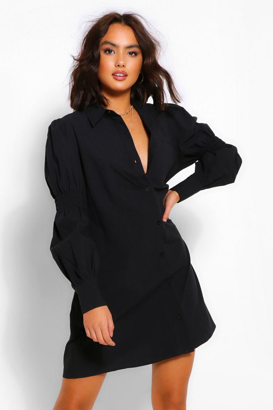 Black Oversize skjortklänning med smockad ärm och knappar image number 1