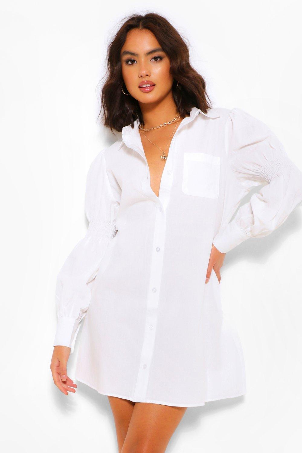 Women s Ruched Sleeve Button Down Oversized Shirt Dress Boohoo UK