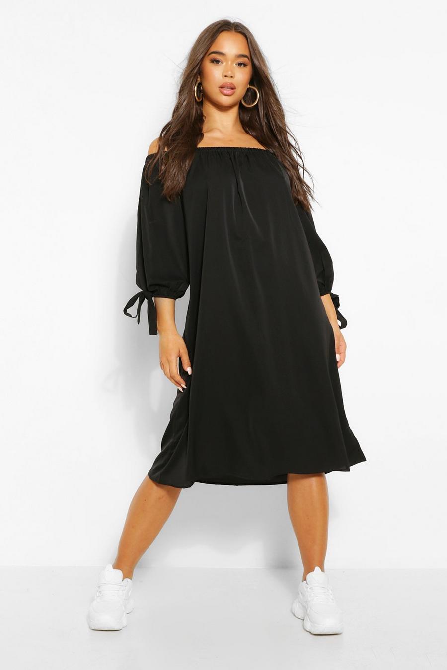 Schulterfreies Midi-Kleid mit gebundenen Bündchen image number 1