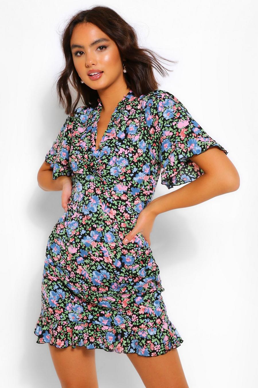 Women's Floral Print Flutter Sleeve Shift Dress | Boohoo UK