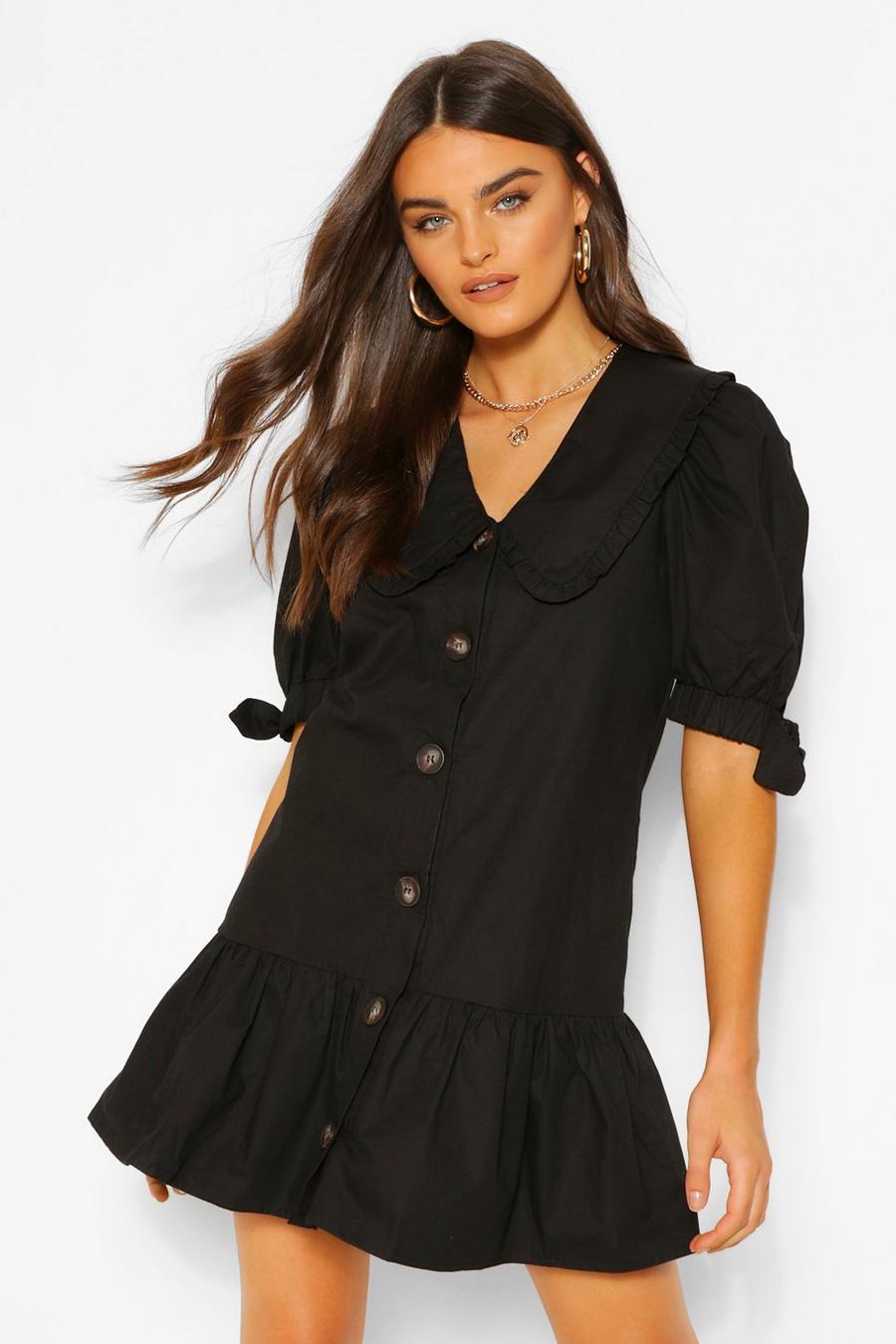 שחור שמלת חולצה אוברסייז עם צווארון ומכפלת מסולסלת image number 1