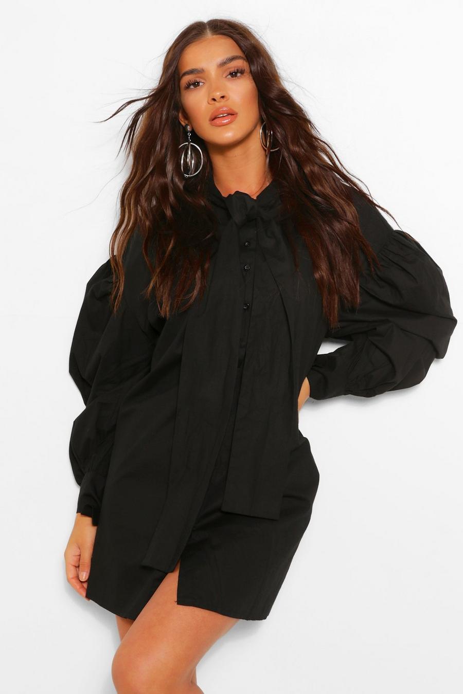 Black Oversize skjortklänning med knytdetalj och låg axelsöm image number 1
