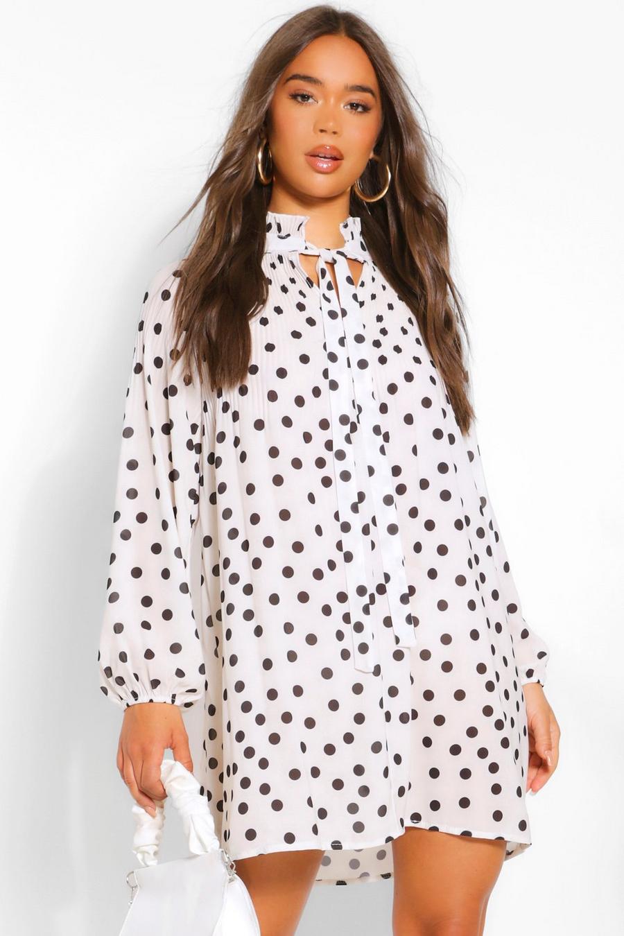 Polka Dot Pussy Bow Pleated Shift Dress image number 1