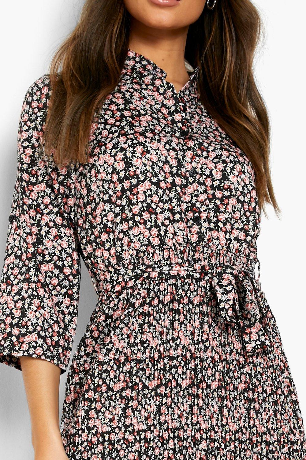 Ditsy Floral Pleated Collarless Midi Skater Dress boohoo IE