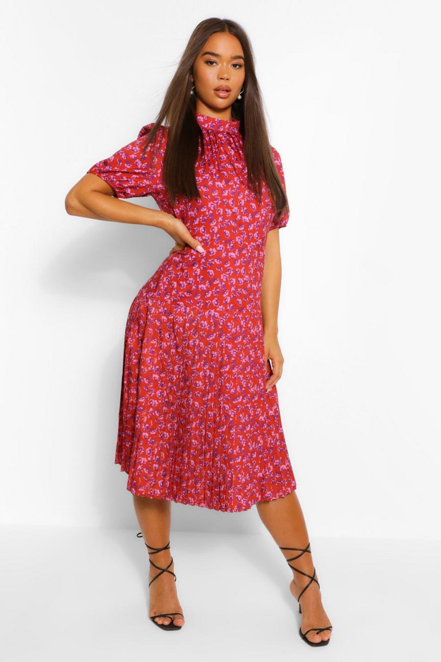 Berry Floral Print Pleated Midi Dress image number 1