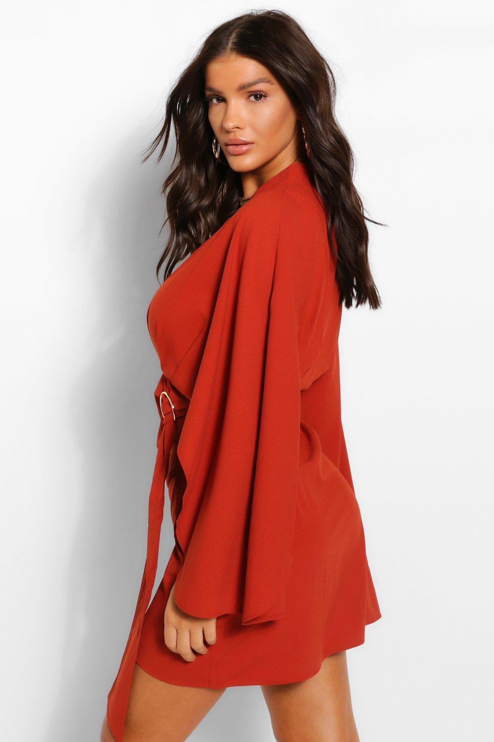 Boohoo angel sleeve ruched mini dress in clearance red