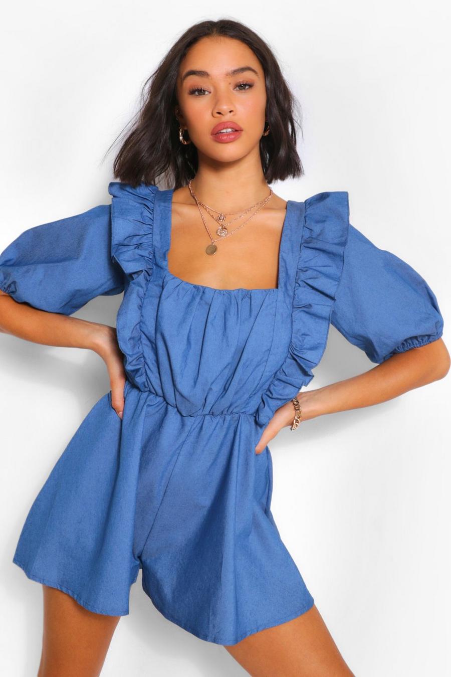 Mid blue Square Neck Frill Detail Playsuit image number 1