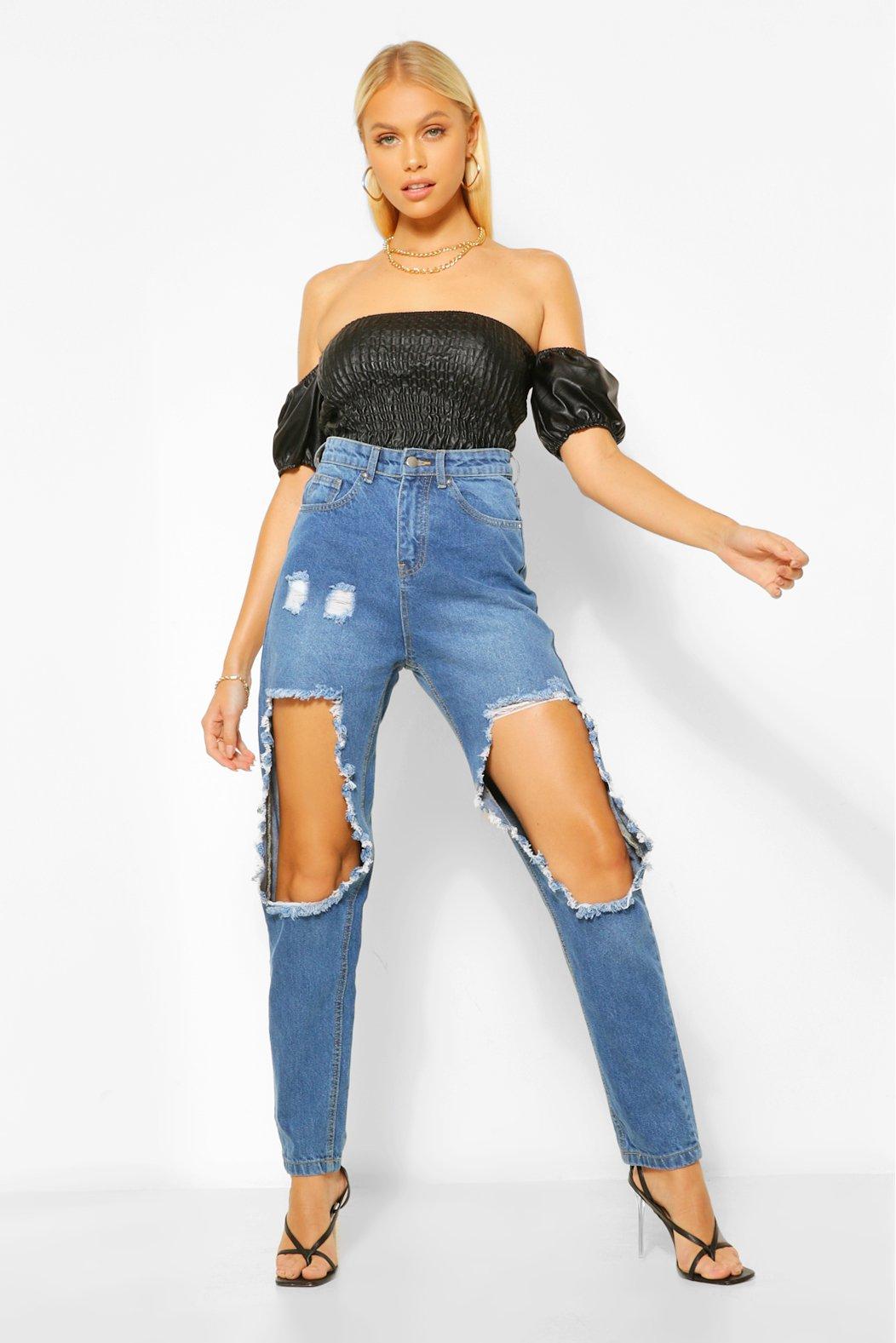 boohoo blue ripped mom jeans