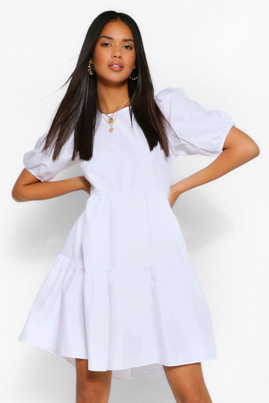 White Oversized Puff Sleeve Smock Dress image number 1