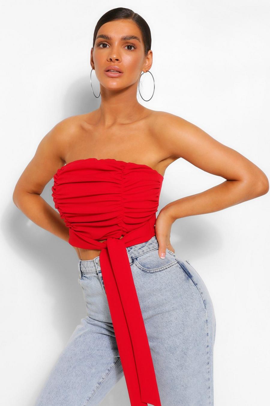 Red Ruched Tie Detail Tube Top image number 1