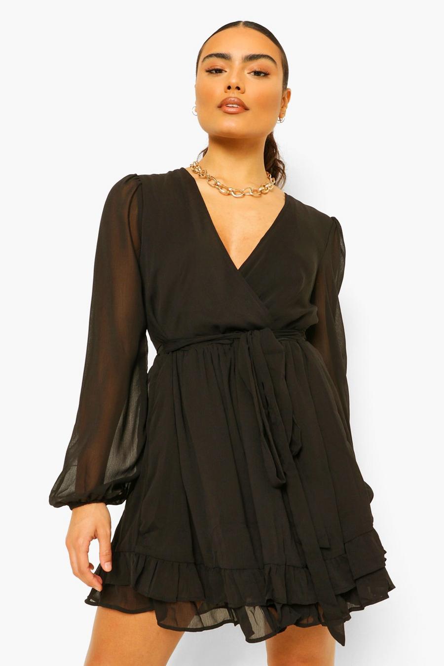 שחור black שמלת סקייטר שיפון מעטפת עם חגורה ומלמלה image number 1