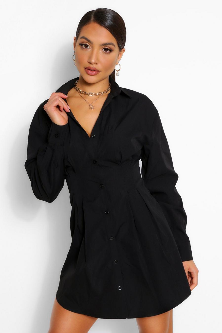 Robe chemise à détail boutonné et plis en bas, Noir image number 1
