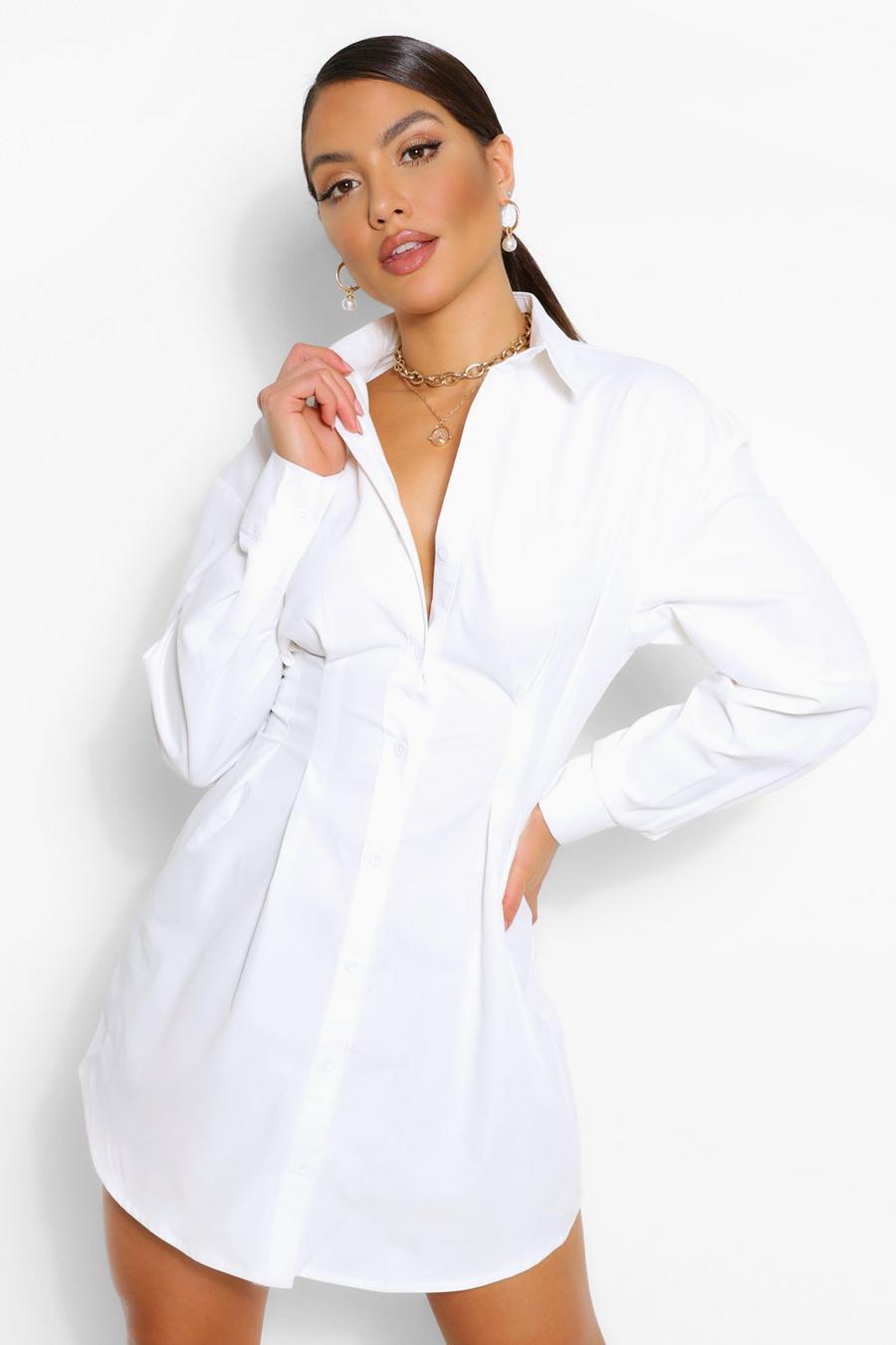 White Button Down Pleat Detail Shirt Dress image number 1