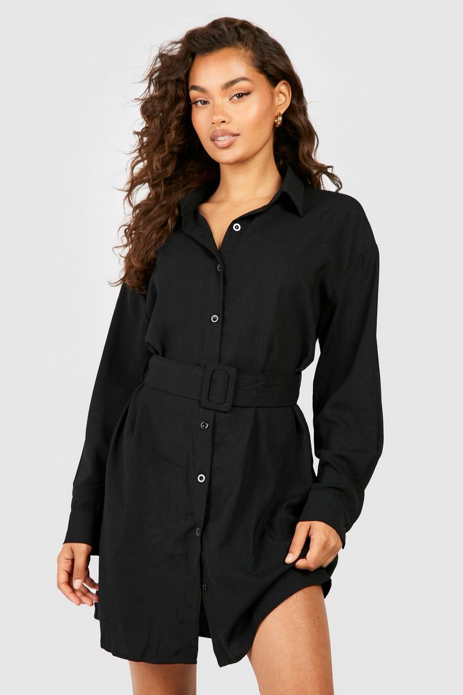 Black svart Långärmad skjortklänning med knappar och bälte image number 1