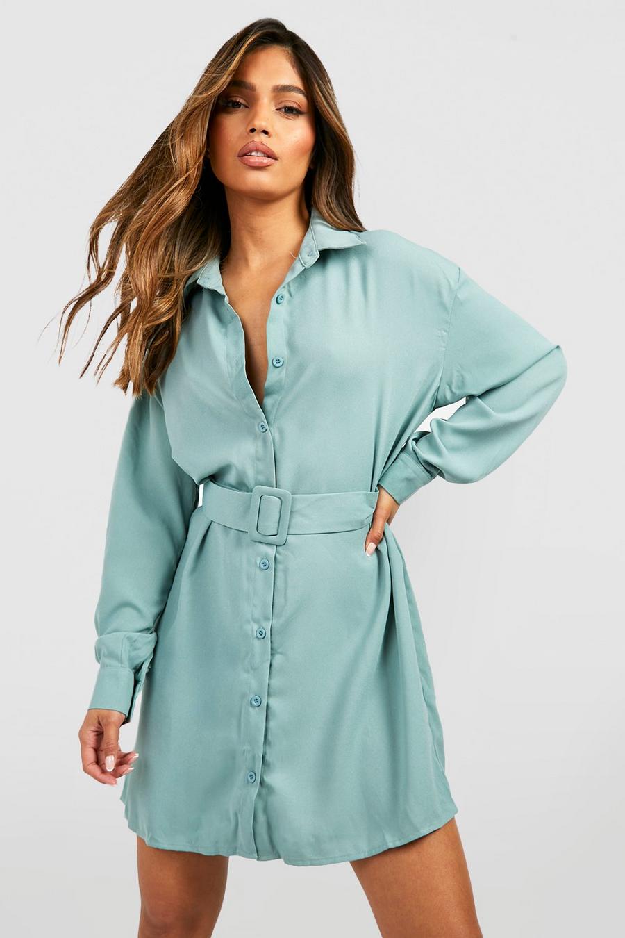 Sage green Belted Button-Down Long Sleeve Shirt Dress