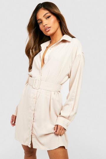 Stone Beige Belted Button-Down Long Sleeve Shirt Dress