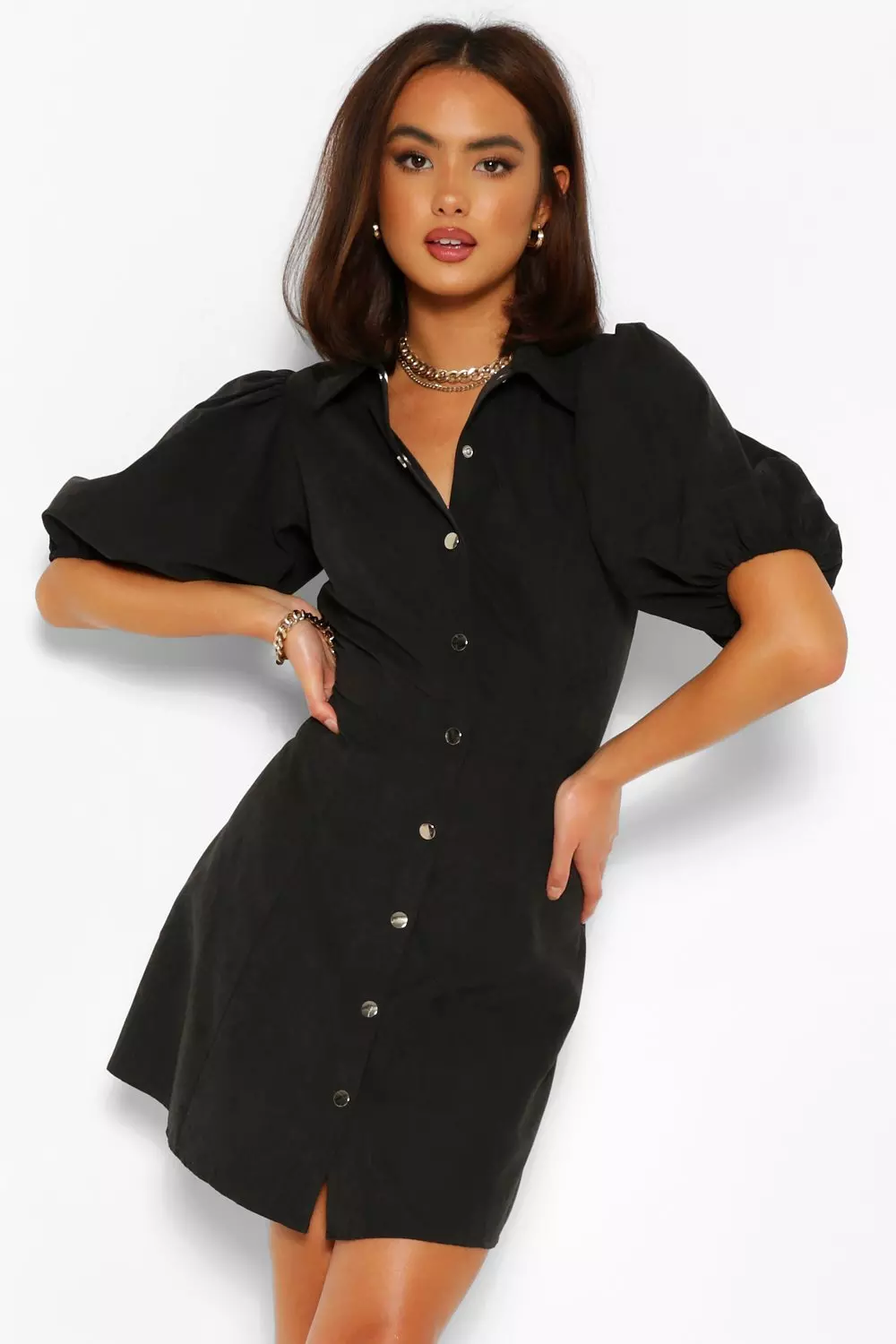 Puff sleeve button store down dress