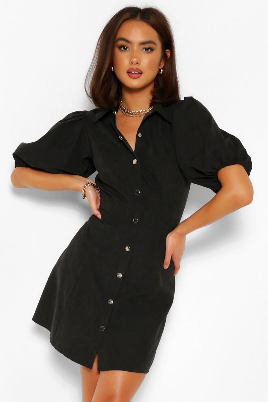 Hemd-Kleid mit Puffärmeln und Knopfleiste, Schwarz noir