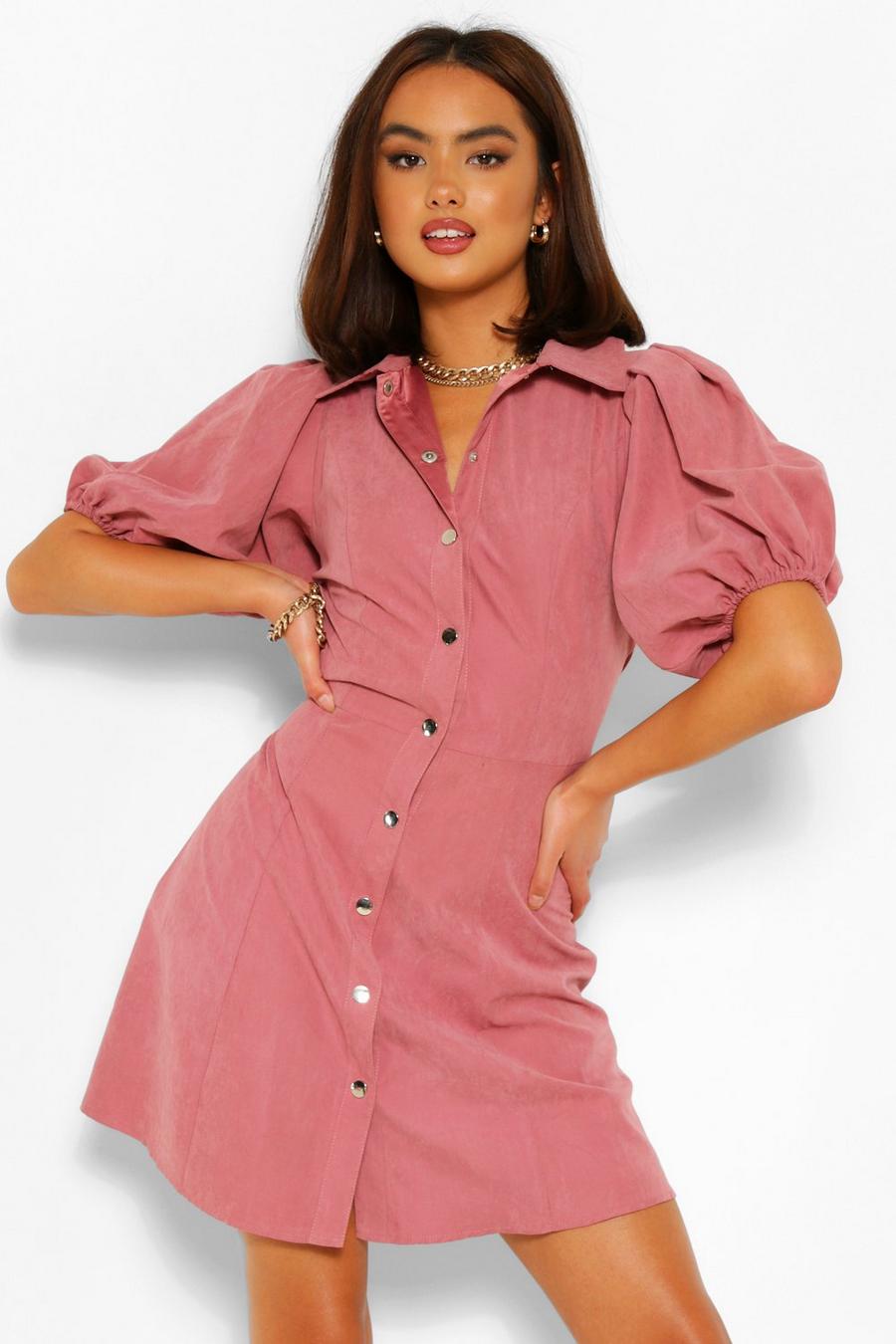 Blush pink Puff Sleeve Button Down Shirt Dress