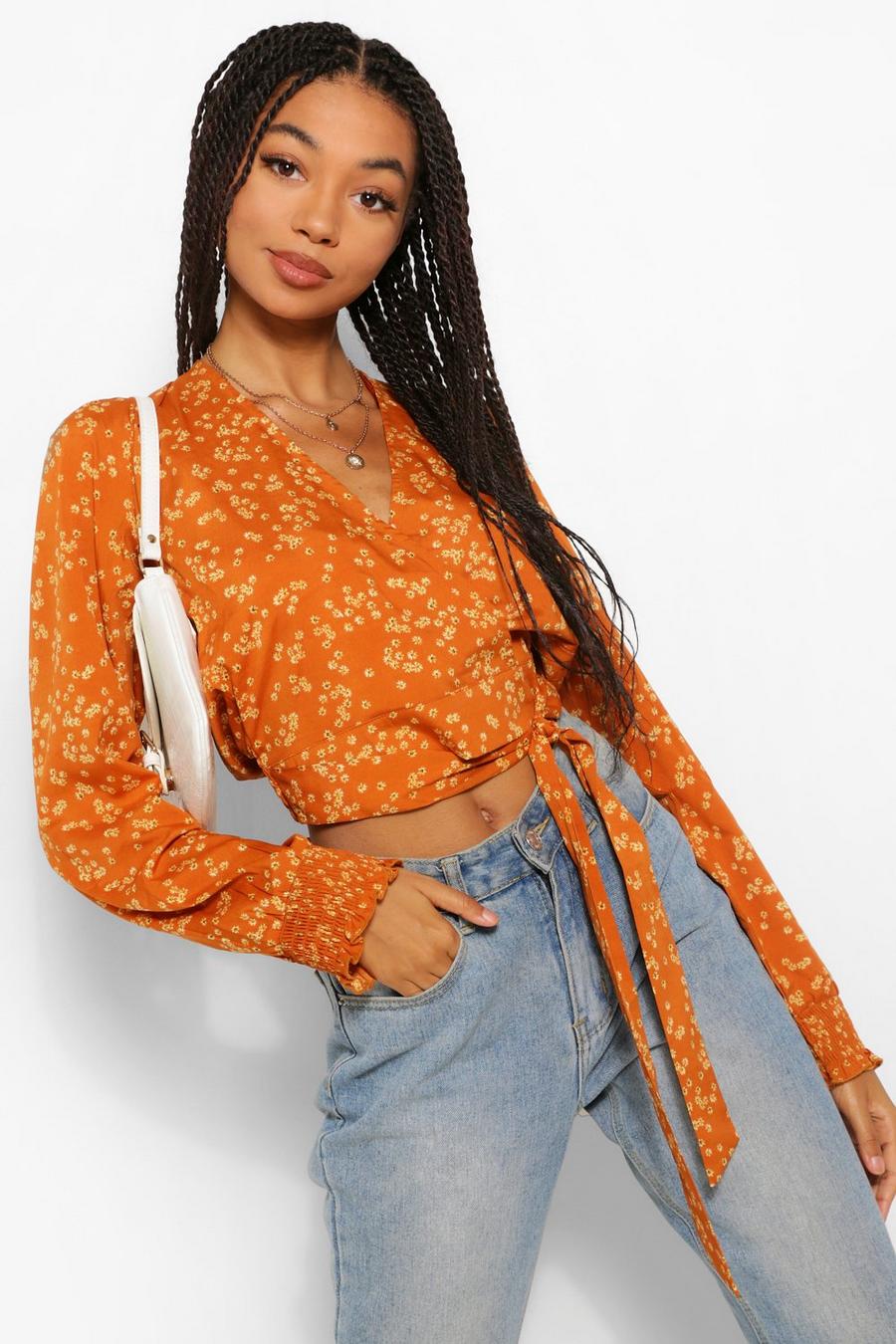 Rust Woven Floral Wrap Top image number 1