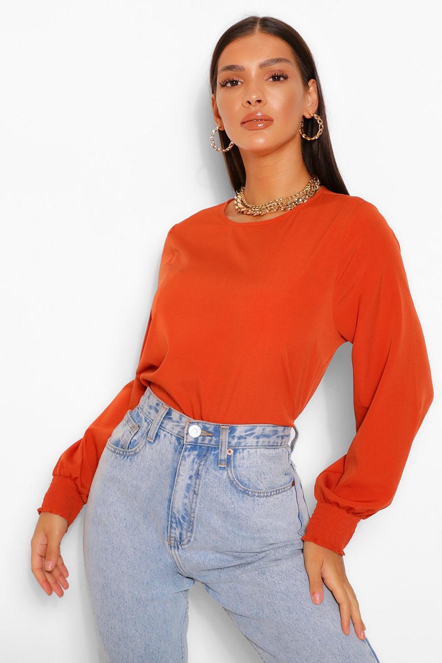 Rust Sheered Neck & Sleeve Blouse image number 1