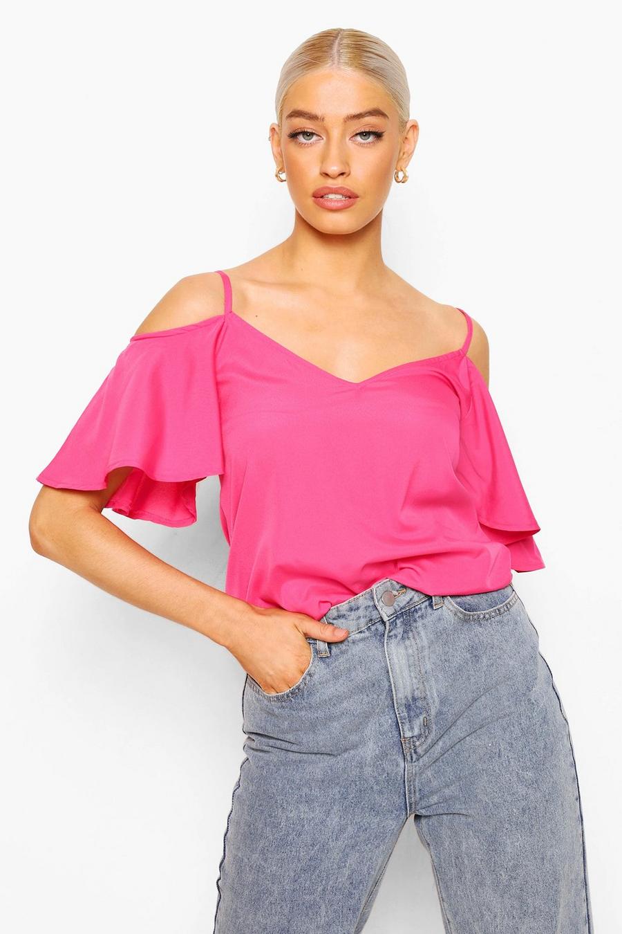 Hot pink Cold shoulder-topp med smala axelband image number 1