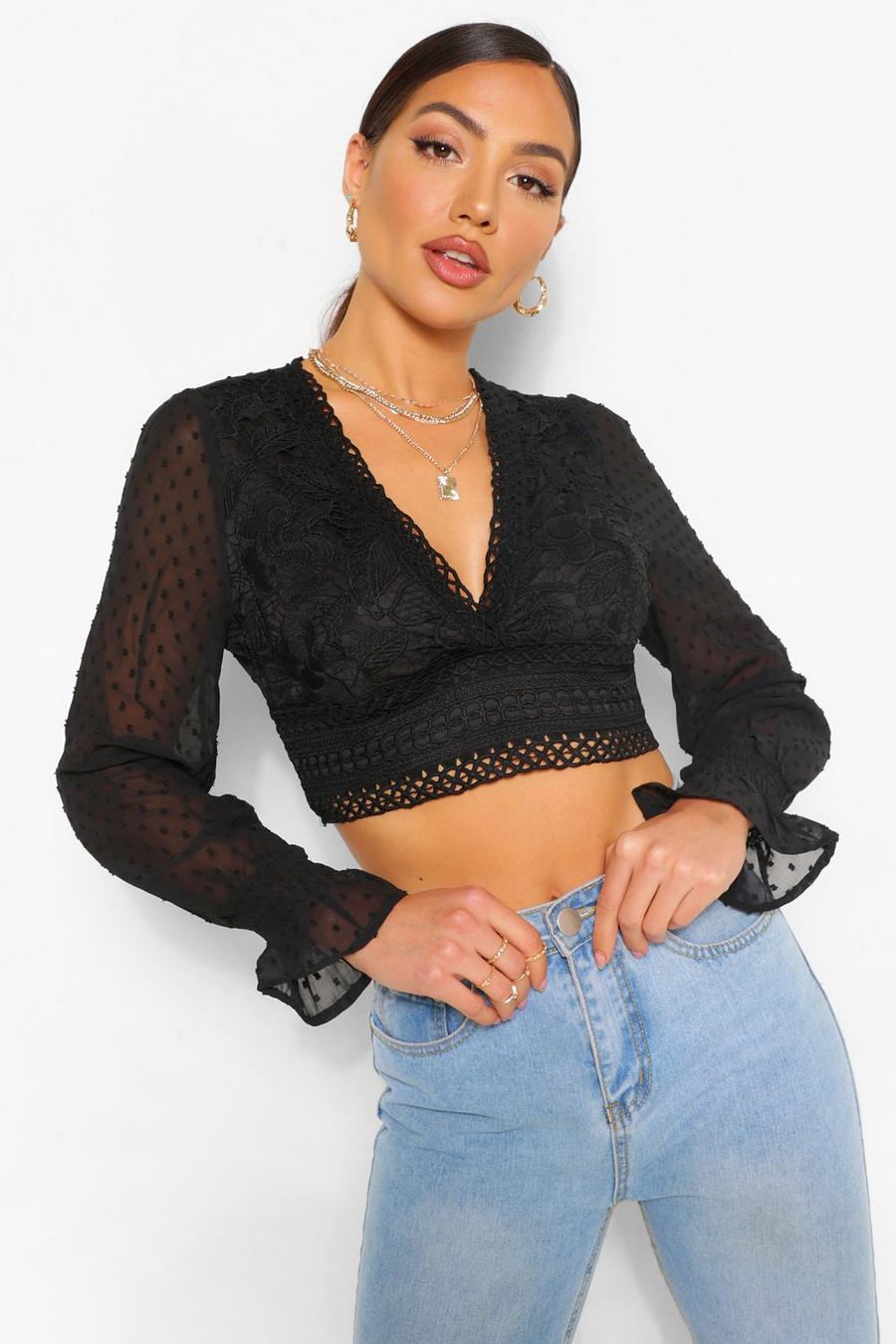 Black Premium Lace Dobby Mesh Sleeve Top image number 1