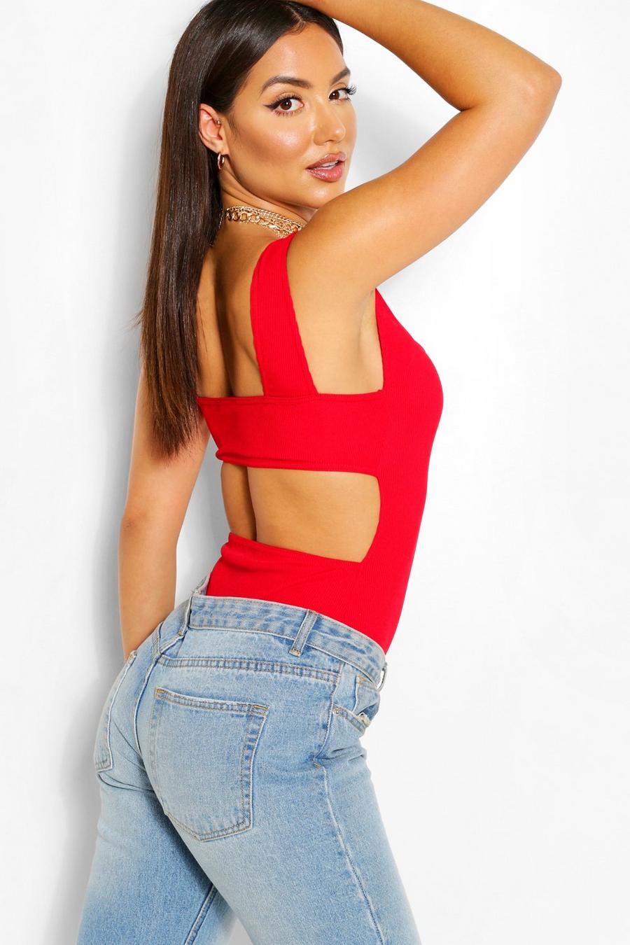 Red Rib Open Back Square Neck Bodysuit image number 1
