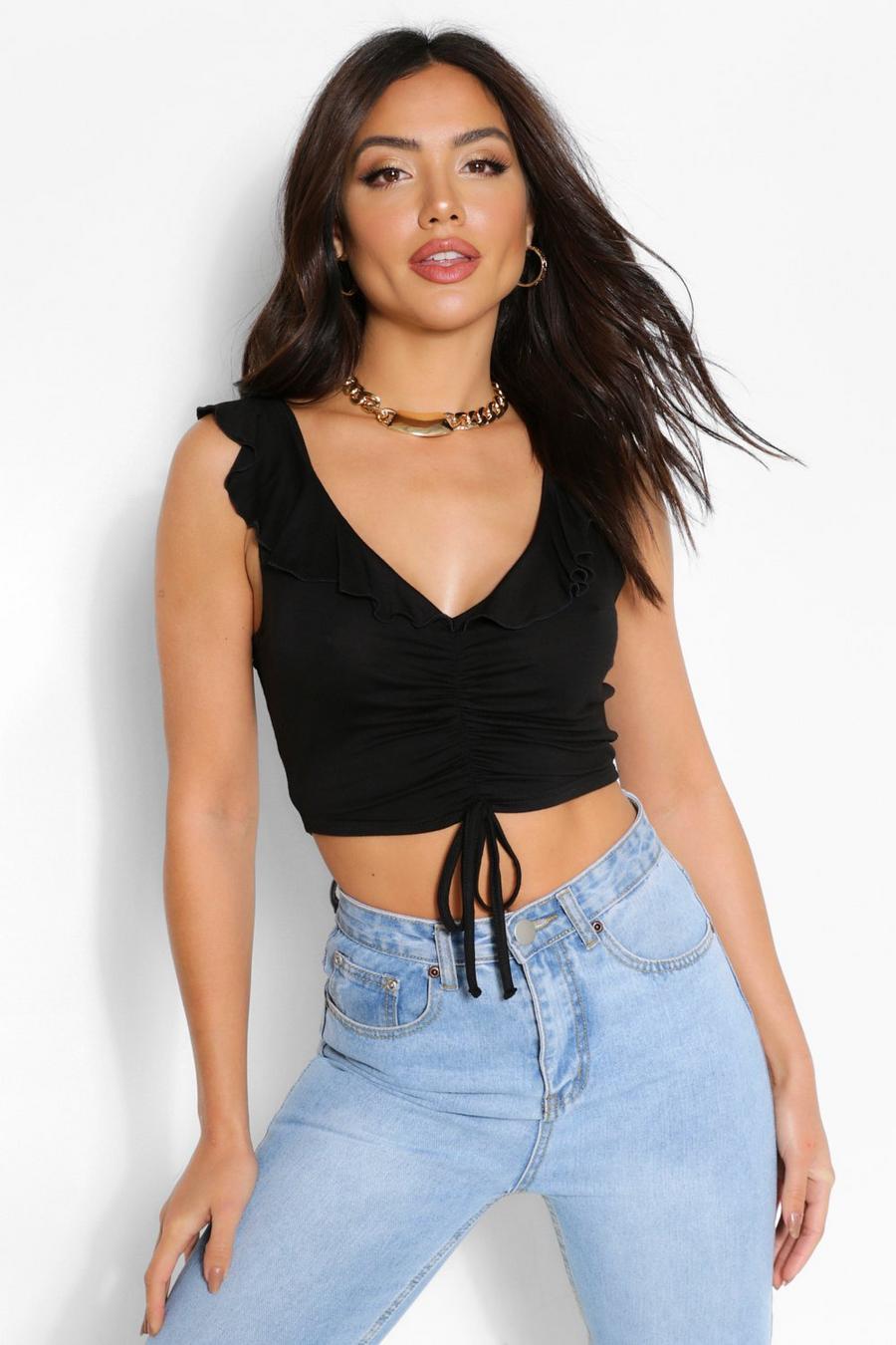 Black Ruffle Ruched Crop Top image number 1