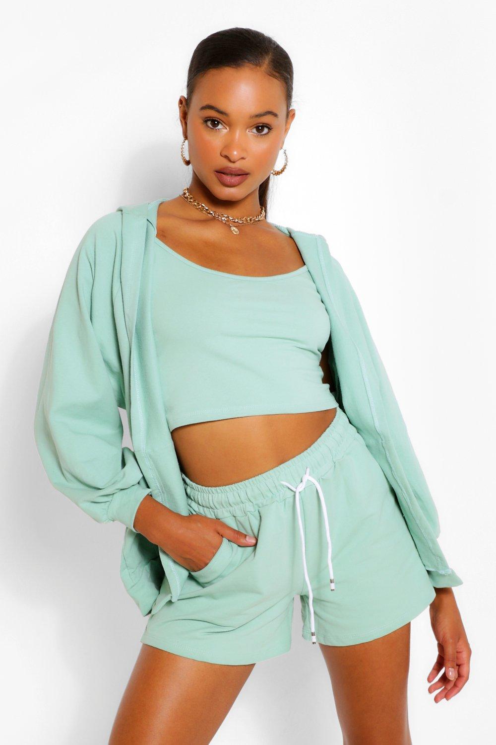 Women s 3 Piece Hoody Crop Top Short Co ord Boohoo UK