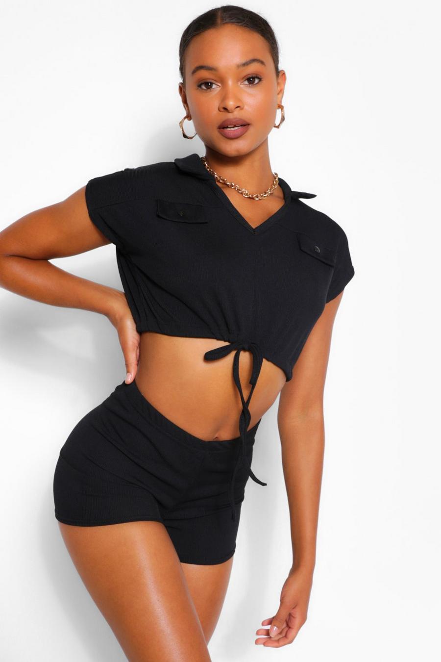 Black Ribbed Collared Cropped Top & Short Co-ord Set image number 1