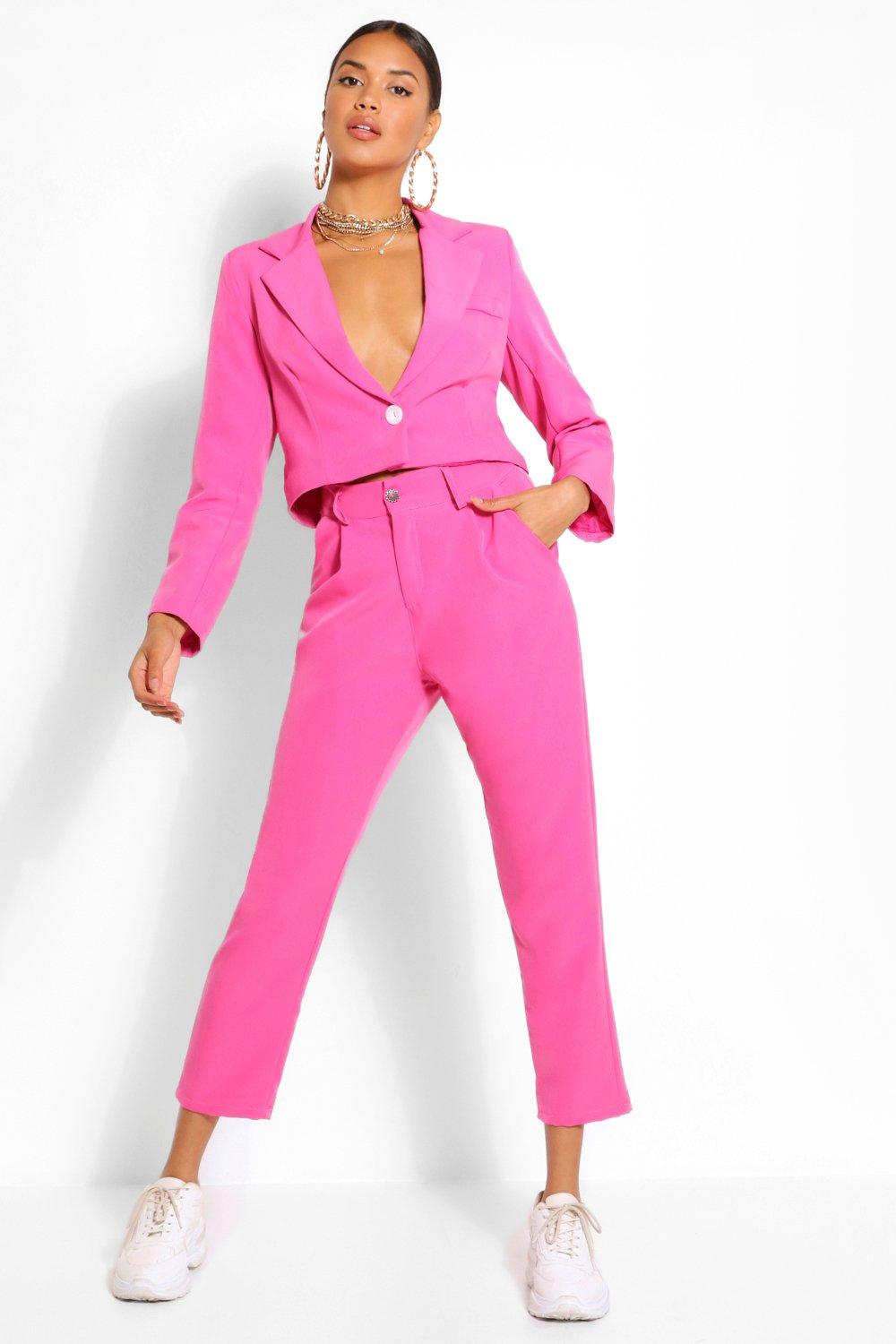 hot pink trouser suit