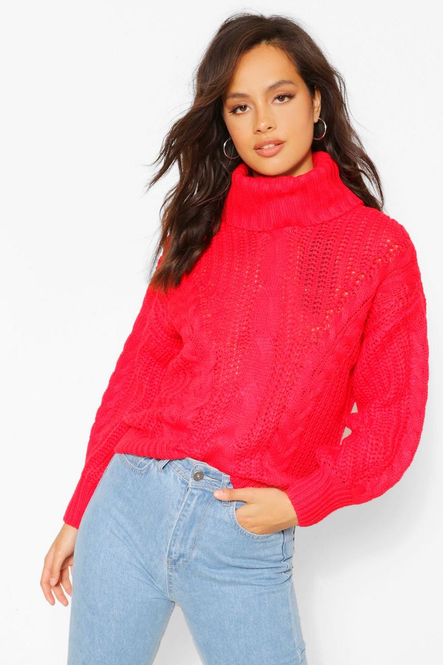 Red High Neck Chunky Knitted Jumper image number 1