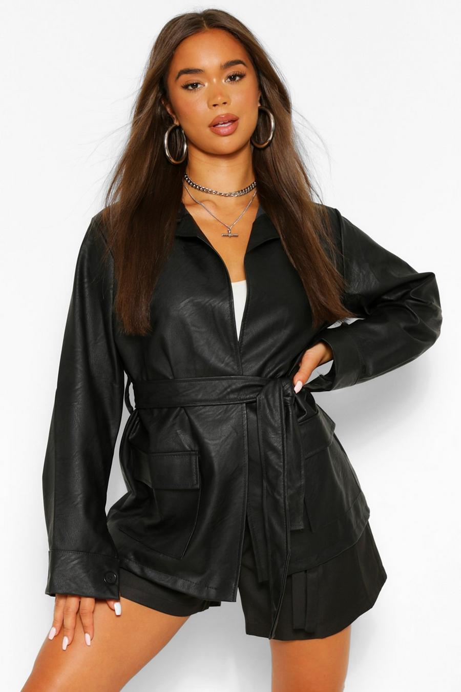 Black noir Collared Belted Faux Leather Jacket image number 1