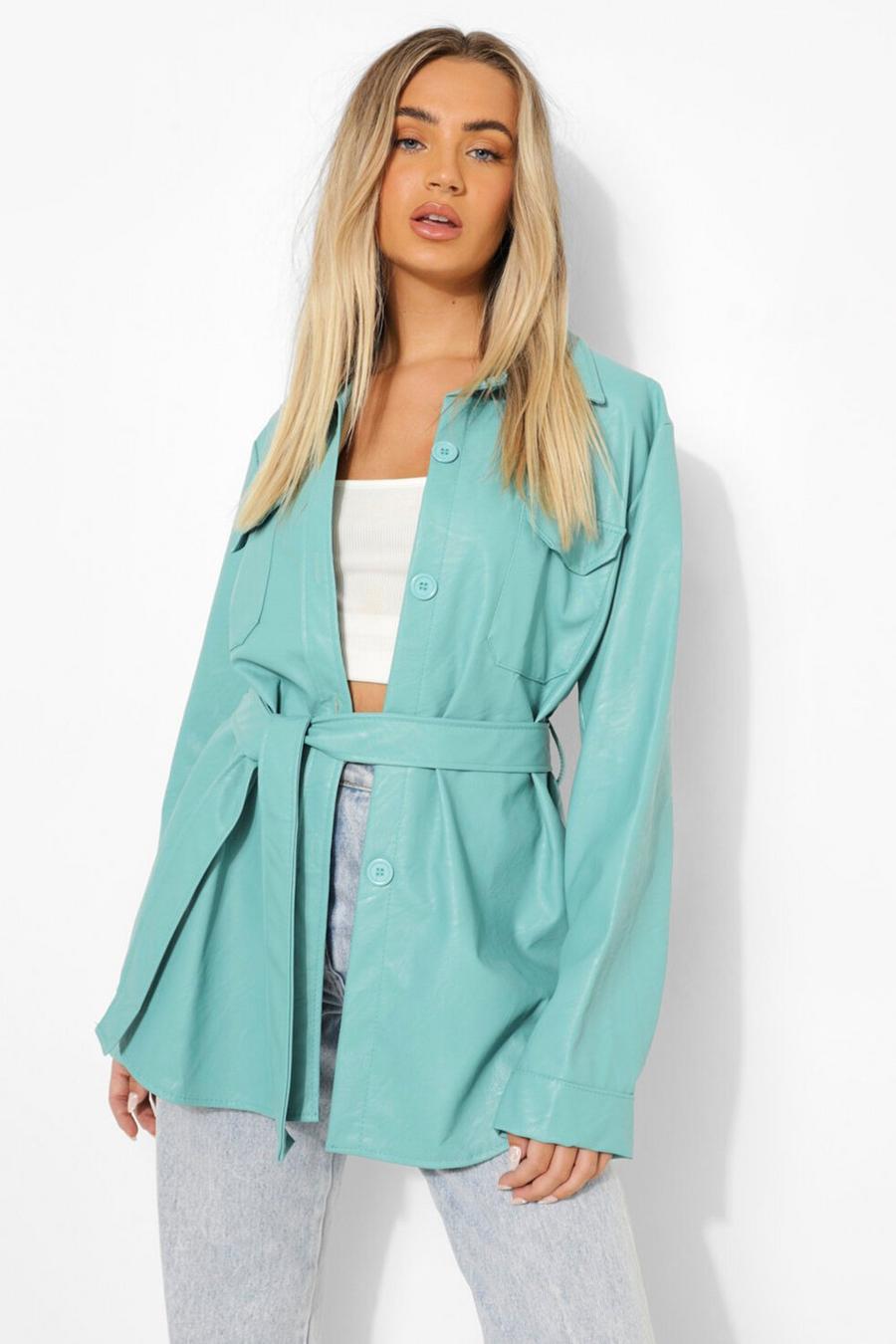 Teal green Belted Faux Leather Utility Jacket image number 1
