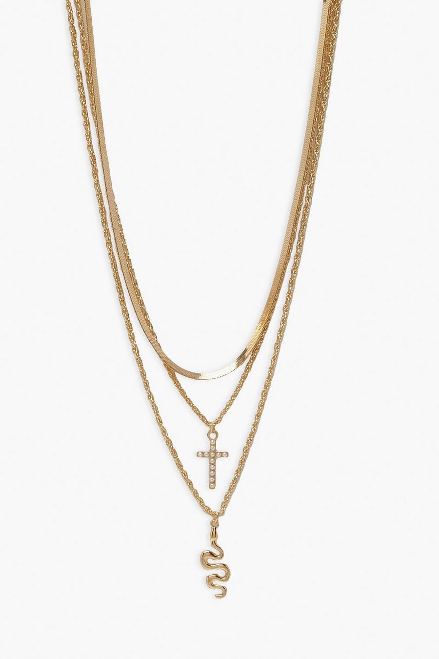 Gold metallic Cross & Snake Pendant Layered Necklace image number 1