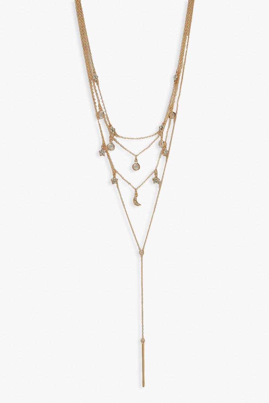 Mehrreihige, extra lange Halskette mit strassbesetztem Stern und Mond, Gold image number 1