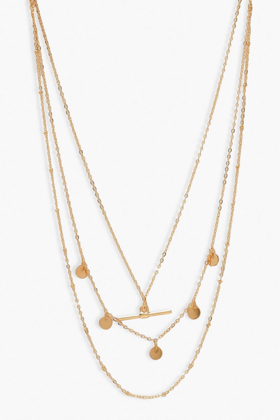 Gold metallic Delicate T-Bar and Disk Layered Necklace image number 1