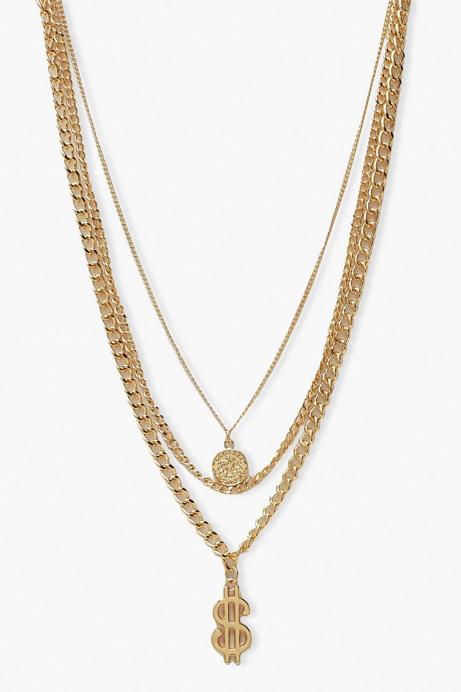 Gold metallic Dollar Sign Statement Layered Necklace image number 1
