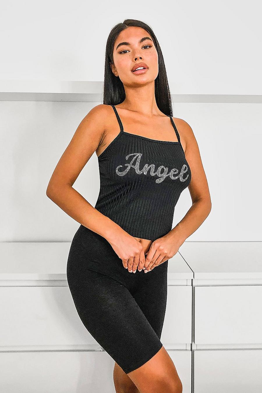 Black Angel Ribbad topp med smala axelband och strass image number 1