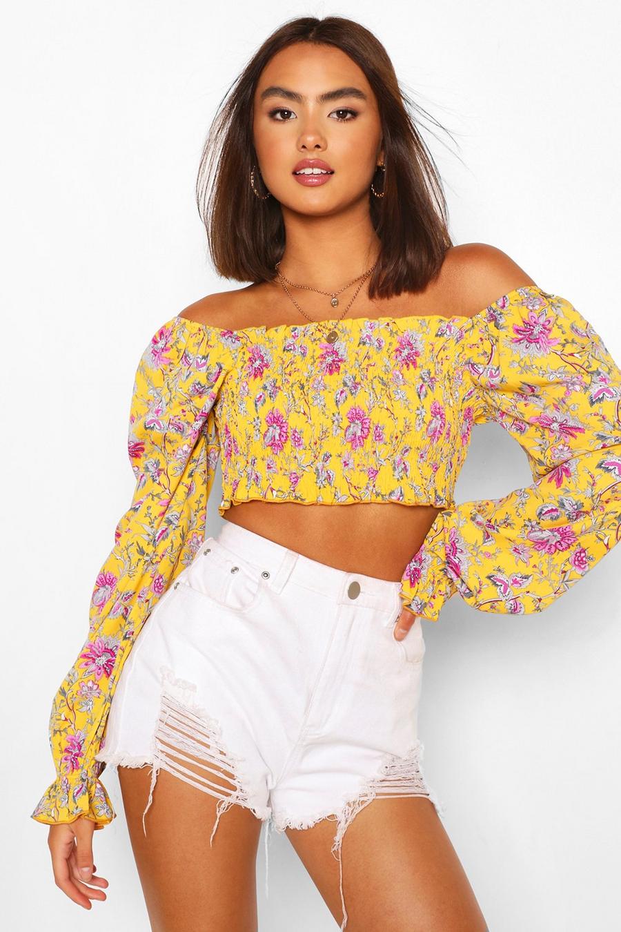 Yellow Woven Floral Shirred Off The Shoulder Top image number 1
