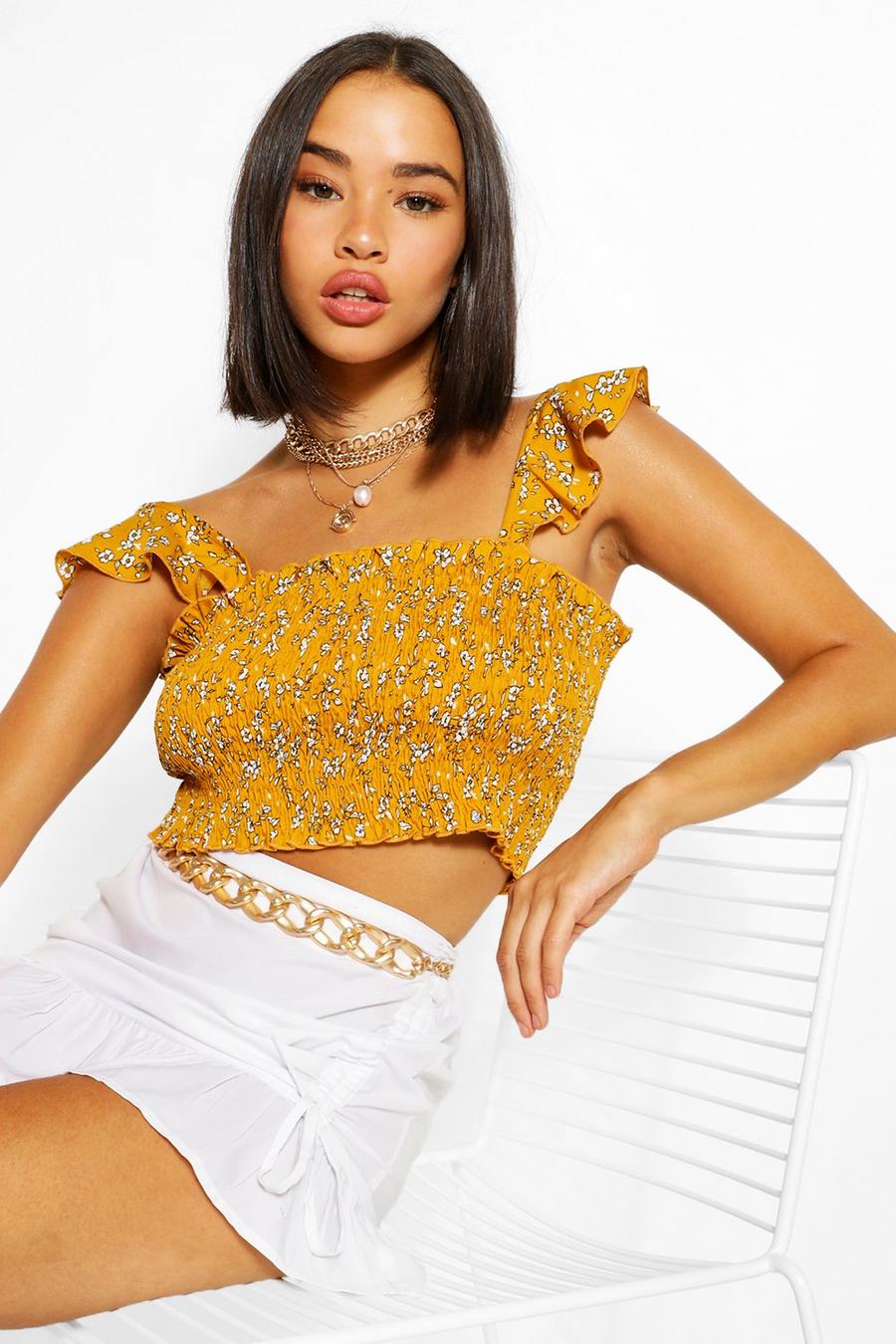 Yellow gul Floral Shirred Crop Top image number 1