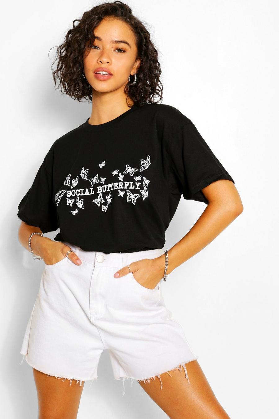 Black "Social Butterfly" T-shirt med grafiskt tryck image number 1