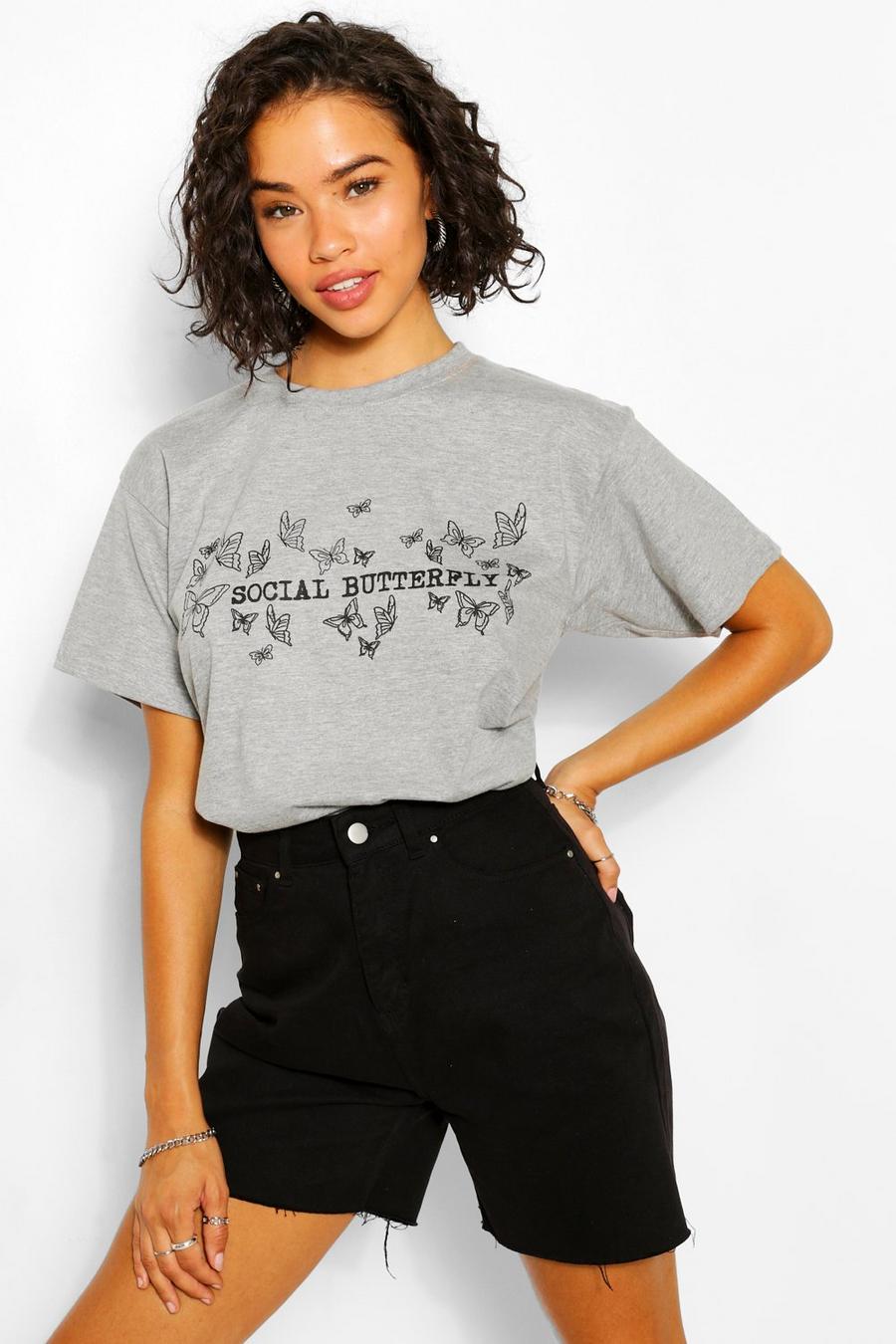 Grey "Social Butterfly" T-shirt med grafiskt tryck image number 1