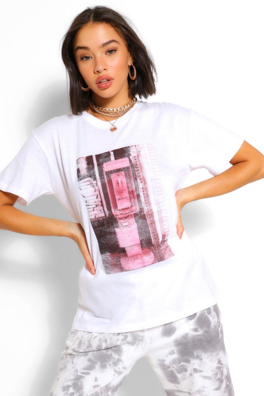 White Pink Phone Box Print T-Shirt image number 1