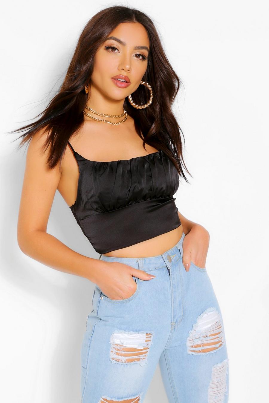 Black Ruched Detail Satin Crop Camisole Taupe L image number 1