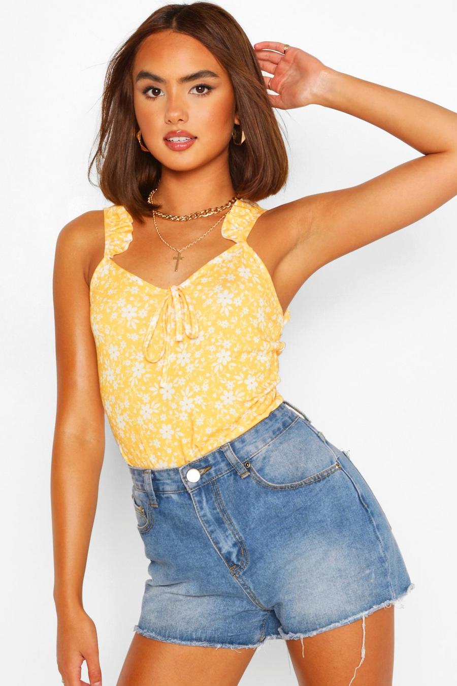 Yellow DITSY FLORAL PRINT FRILL STRAP TOP image number 1