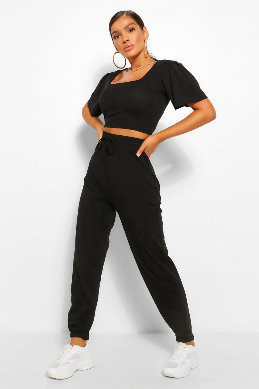 Black Puff Sleeve Crop Top & Jogger Co-ord image number 1