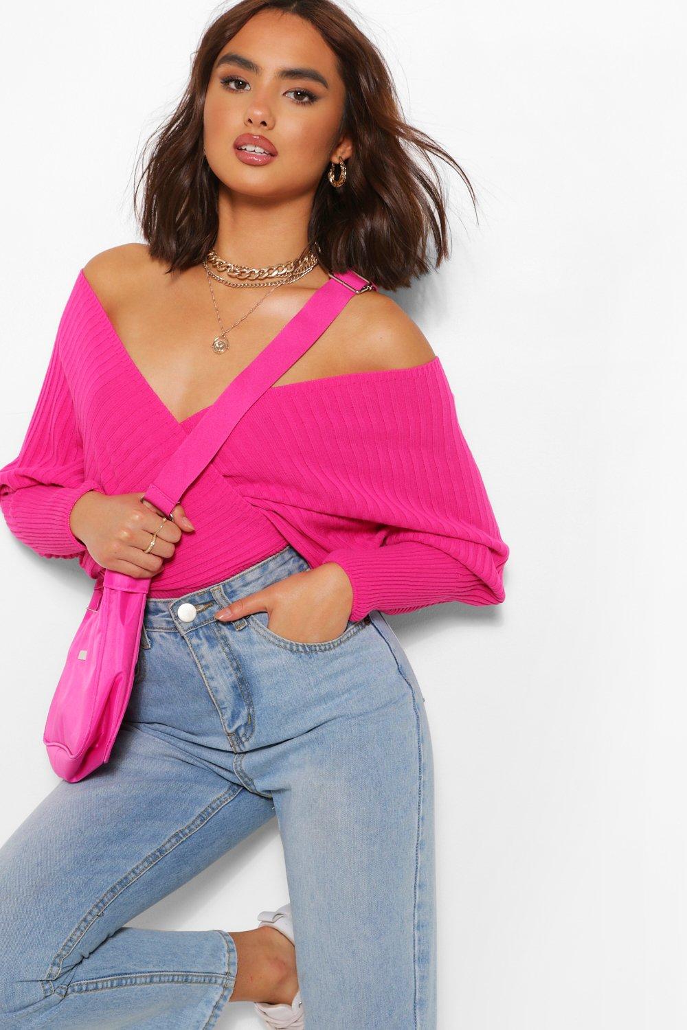 Women s Rib Knit Off The Shoulder Jumper Boohoo UK