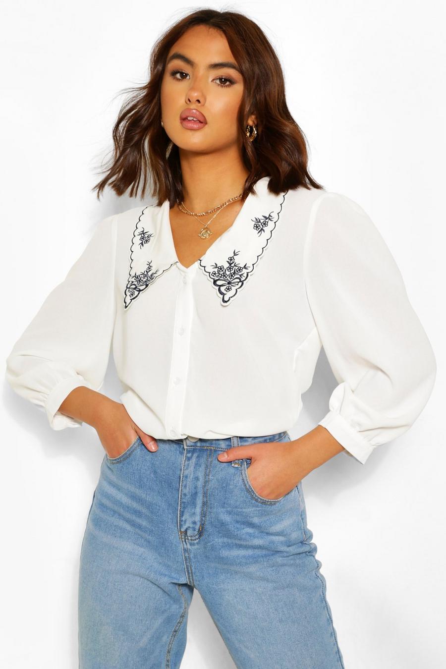White Cotton Mix Embroidered Plunge Shirt image number 1